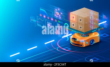 Smart warehouse technology. Automated robot delivers an order box in smart automated warehouse. Drone swarm of robots in logistic industry. AI routes Stock Vector