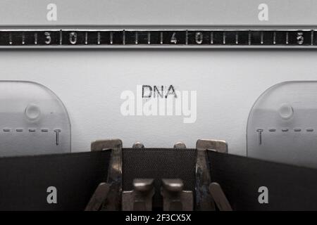 Typing text DNA on vintage manual typewriter. Close up of writes word on white paper. Shot in macro. Stock Photo