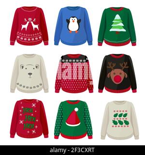 Ugly sweaters. Funny christmas clothes jumper with decoration cute snowflakes vector sweaters collection Stock Vector