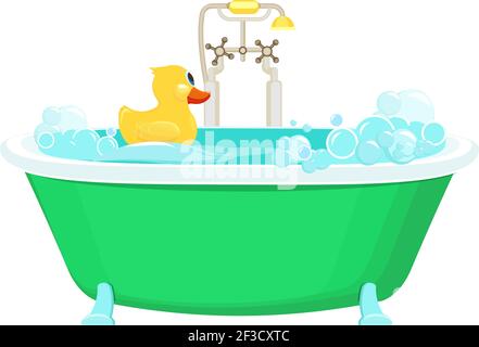 Bathroom yellow duck. Relax water foam bubbles with rubber duck shower vector picture cartoon background Stock Vector