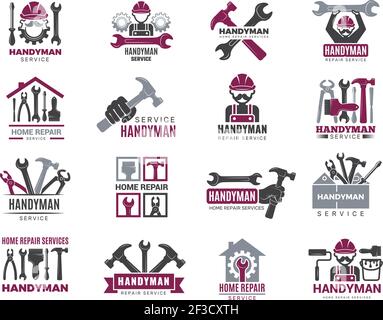 Handyman badges. Builders and workers contractor symbols technicians vector logotypes for handyman Stock Vector