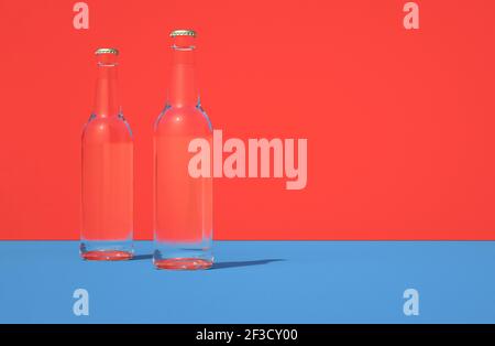 3D illustration of two glasses standing on blue board against red background. Transparent bottles and retro colors. Stock Photo