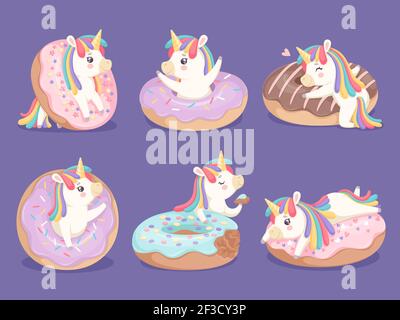 Unicorn dessert. Magic cute little rose pony with donuts cupcakes sweets vector characters Stock Vector