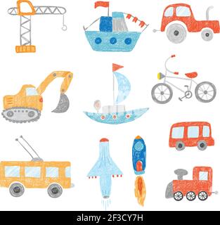 Children drawing. Kids painting transport cars tractors ship plane toys doodle vector hand drawn collection Stock Vector