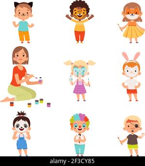 Kids face painting. Animator drawing and playing with childrens party costumes makeup vector cartoon Stock Vector