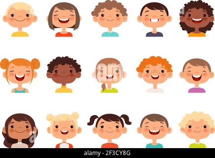 Kids faces. Child expression faces little boys and girls cartoon avatars vector collection Stock Vector