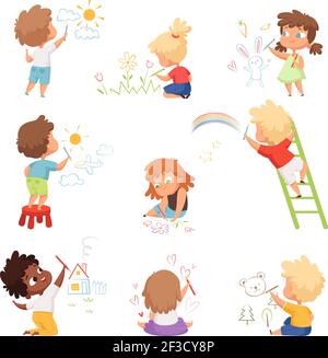 Kids artists. Childrens playing and drawing painting with colored crayons on paper vector funny cute characters Stock Vector