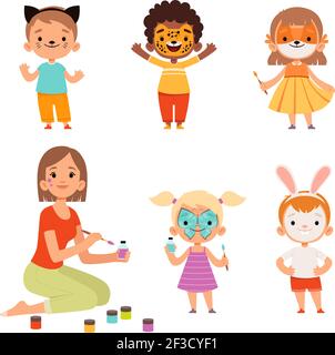 Face painting. Kids makeup funny animals cartoon boys and girls teacher drawing on face vector characters Stock Vector