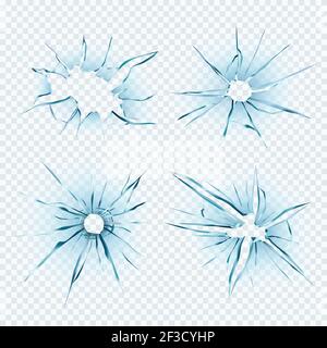 Broken glass holes. Crack destruction sashes ice damaged window transparent glass shattered vector realistic template Stock Vector