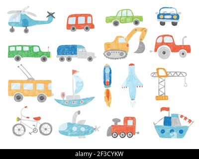 Transport doodles. Kids drawing technics tractor cars plane and ship vector pictures isolated Stock Vector