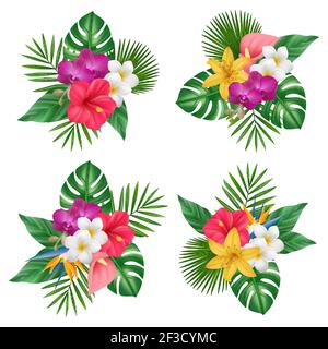 Flowers bouquet. Tropical exotic plants bali nature forest vector realistic pictures collection Stock Vector
