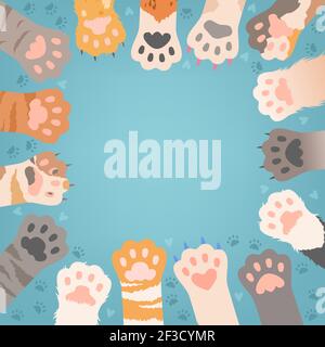 Cats paw background. Funny domestic kitten pets or wild animals different paws with claws vector illustrations Stock Vector
