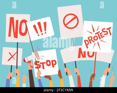 Protestors banners. Hand holding blank placards of political manifestation signs vector background concept Stock Vector