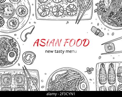 Asian cuisine. Japan traditional restaurant delicious food in dishes doodles sushi vector background Stock Vector
