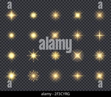 Glowing stars icon. Celebration effects beautiful sparks lighting rays vector realistic icons collection Stock Vector