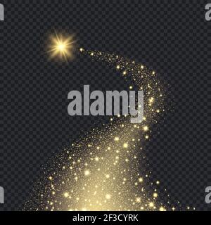 Magic realistic stars. Glowing shape from sparks spiral motion graphic bokeh glitter falling golden stars vector background Stock Vector