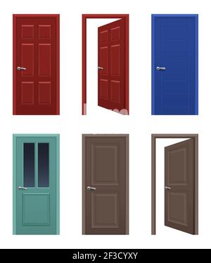 Realistic doors. Open and closed apartment entrance doors different colors vector pictures Stock Vector