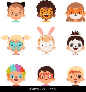 Face painting avatars. Kids happy portraits creative makeup drawings vector collection Stock Vector