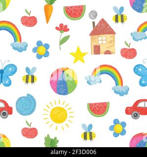 Kids drawing pattern. Family parents plants toys childrens colored hand drawn objects for textile design vector seamless background Stock Vector