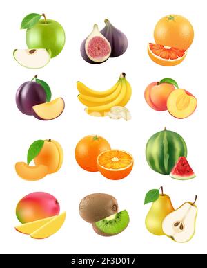 Sliced fruits. Vegetarian food agriculture objects plum orange banana pear kiwi apricot apple orange vector realistic Stock Vector