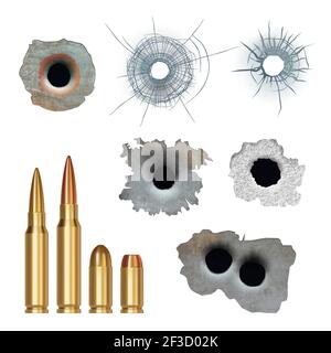 Bullets realistic. Damaged cracked gun holes surfaces and bullets different caliber armor rifles vector collection Stock Vector