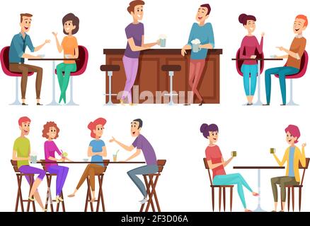 Friends meeting cafe. Restaurant dinner happy people group eating and joking talking and smiling friends vector Stock Vector
