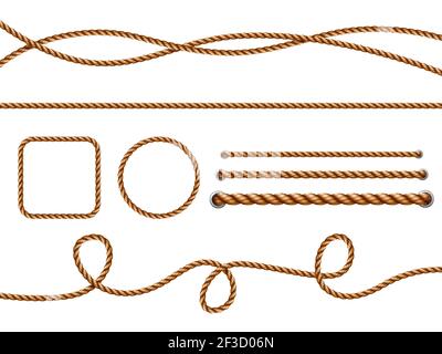 Realistic ropes. Yellow or brown curved nautical ropes with knots vector template Stock Vector