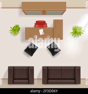 Office plan. Modern business building top view room floors with furniture table desk chairs window wardrobe armchair couch vector realistic Stock Vector