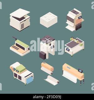 Printing equipment. Paper industry offset printer plotter rolls inkjet cutter folding creasing machines vector isometric Stock Vector