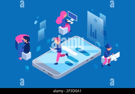 Web developers at work. Female and male IT workers with computers and smartphone vector concept Stock Vector