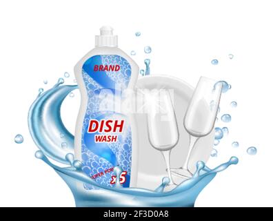 Dish liquid detergent. Water splashes, glasses, white plate vector illustration Stock Vector