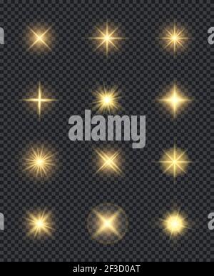 Glowing stars. Realistic lighting shining effects sparks celebration vector symbols Stock Vector