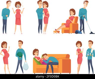 Pregnant couples. Happy young family mother and father husband near happy pregnant wife vector characters Stock Vector