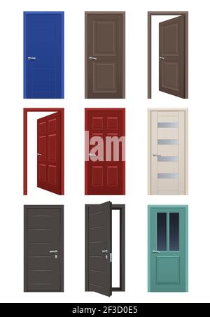 Realistic doors. Room entrance open and closed doors interior home apartment vector illustrations Stock Vector
