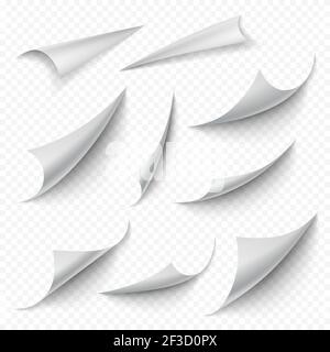Curled corners. Blank book empty curved pages folds peeling turn sheet stickers edges vector realistic collection Stock Vector