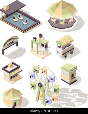 Amusement park. Children carousel swings electro cars wheel ballons happy kids vector isometric Stock Vector