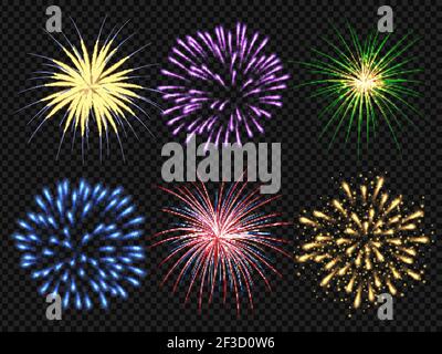 Fireworks explosion. Birthday party big bang festive sparkling vector realistic fireworks collection Stock Vector