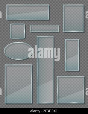 Glass plaque. Modern transparent walls panels different empty banners forms geometrical shapes vectors Stock Vector
