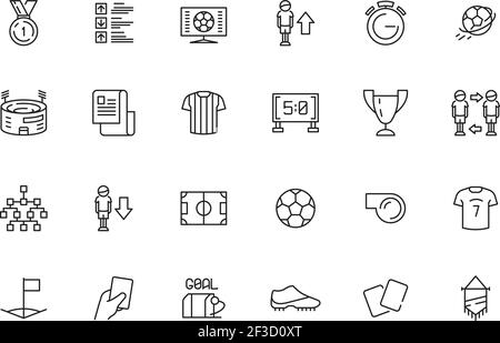 Football icon. Sport activity items soccer balls players shirt stadium yellow card shoes vector football symbols Stock Vector