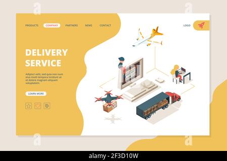 Worldwide delivery. Drones smart delivery warehouse shipping sourcing vector isometry landing page layout Stock Vector