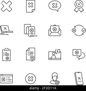 Rejected icons. Judge stamp refuses computer guarantee contract cancelled vector simple line icons collection Stock Vector