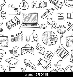 Business pattern. Office items innovation technology tools computer work ideas bulbs notes laptop managers vector seamless background Stock Vector