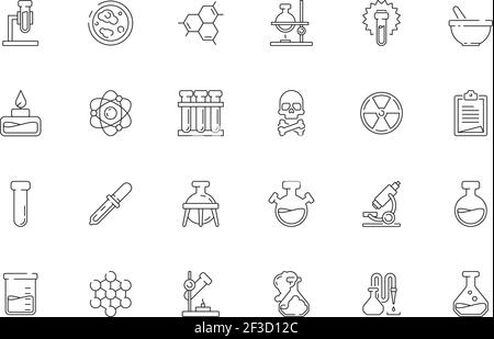 Science icons. Chemistry test tubes beakers biology lab chemical equipment toxic objects vector set Stock Vector