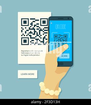 Scanning qr code. Hand holding smartphone and laser scanning coding product sticker vector concept Stock Vector