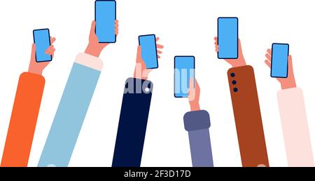 Hands with phones. Many people holding smartphones in hands crowd with gadgets internet connection online friendship vector Stock Vector