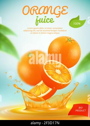 Juice placard. Advertizing banner with orange fresh fruit slice in liquid splashes vector template Stock Vector