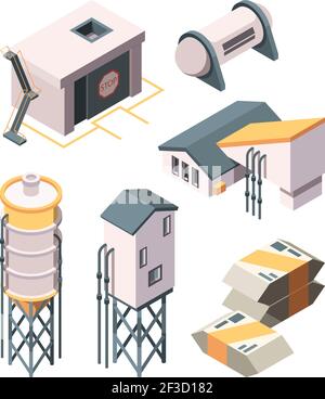 Cement production. Heavy industry concrete transport mixer and tanks vector isometric collection Stock Vector