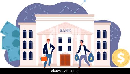 Bank with characters. Business finance building and people investing their money bank facade vector flat picture Stock Vector