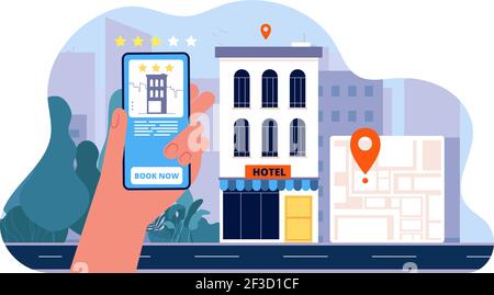 Booking hotel concept. People ordered hotel from smartphone and going to vacation vector flat pictures Stock Vector