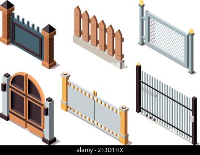 Isometric fences. Residential house elements secure barriers metal and wooden fences doors protection panels vector Stock Vector